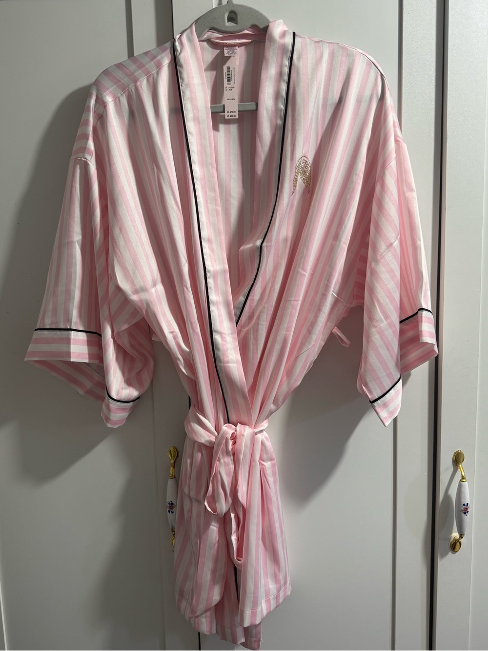 Victoria's Secret Pink and White Striped Satin Robe with Black Trim
